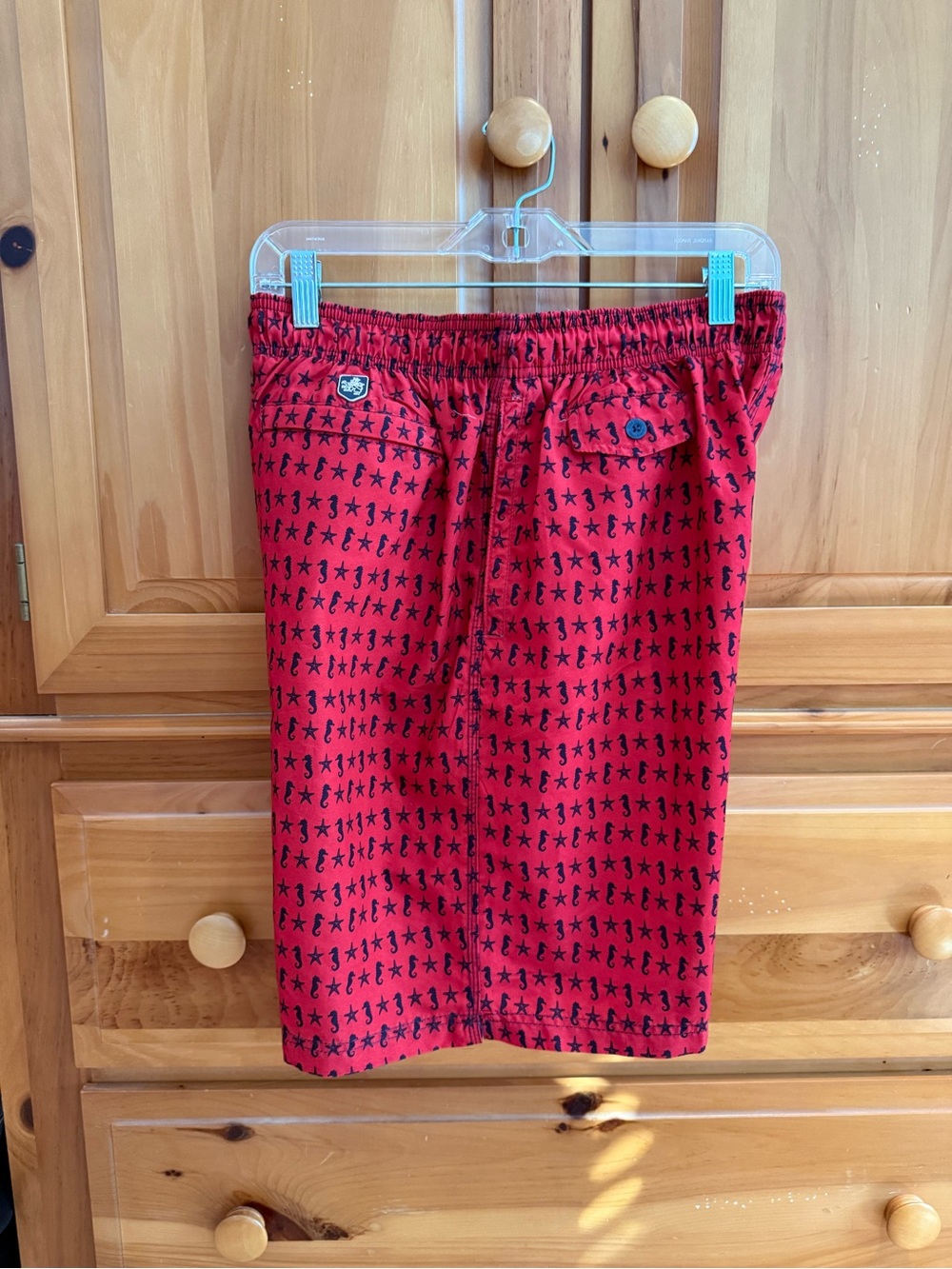 Nat Nast Navy and Red Star & Seahorse Print Drawstring Men’s Swim Shorts size M